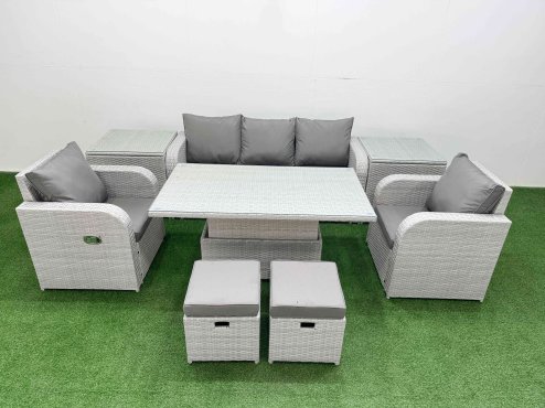 Fimous PE Rattan Garden Furniture Set Reclining Chair Sofa Lounge Sofa Set Adjustable Lifting Dining or Coffee Table 2 Side Table 2 Small Stools Light Grey Image