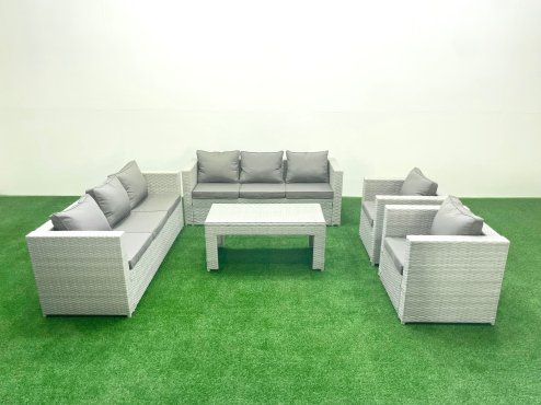 Fimous Outdoor Garden Furniture Rattan Sofa Set with 2 Armchairs Oblong Coffee Table Light Grey Mixed