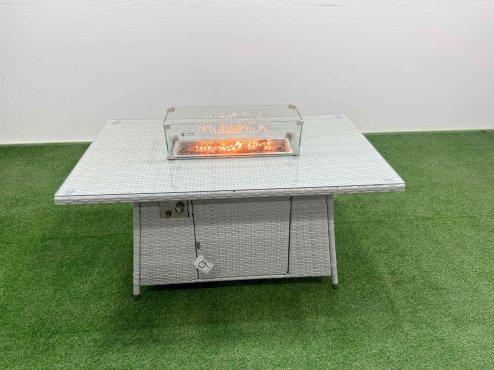 Fimous PE Rattan Lounge Sofa Set Outdoor Garden Furniture Set with Firepit Dining Table 3 Seater Sofa 2 Side Table Light Grey
