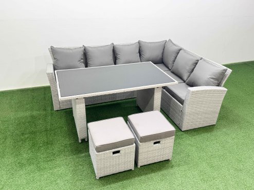 Fimous Outdoor Garden Furniture Sets 8 Seater Wicker Rattan Corner Sofa Sets with Rectangular Dining Table Lounge Sofa 2 Small Footstools Light Grey