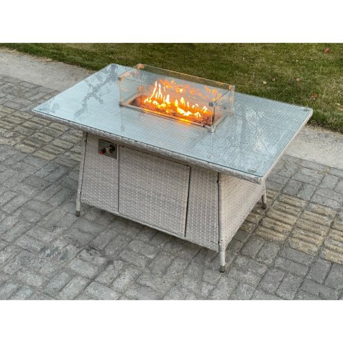Fimous Light Grey U Shape Lounge Sofa Dining Set With Gas Fire Pit Rattan Garden Furniture Set Heater Burner Big Footstool