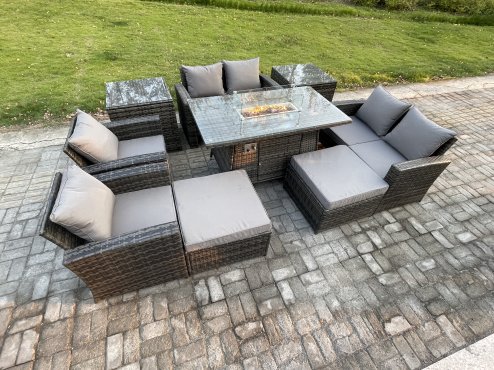 Fimous Outdoor Garden Furniture Sets 9 Pieces Wicker Rattan Furniture Gas Firepit Dining Table Sofa Set with 2 Big Footstool 2 Side Tables Dark Grey Mixed