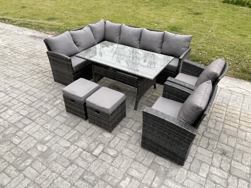 Fimous 10 Seater Outdoor Rattan Garden Furniture Set with Rectangular Dining Table 2 Small Footstool 2 Armchairs Patio Wicker Corner Sofa Set Dark Grey Mixed