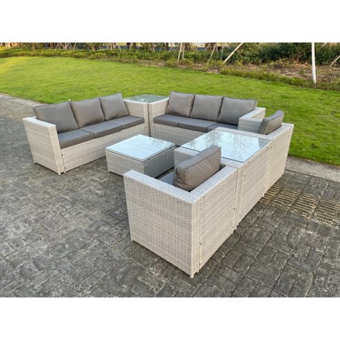 Fimous Light Grey Outdoor PE Rattan Garden Furniture Set Wicker Sofa Set Square Coffee Table 2 Armchair Side Table