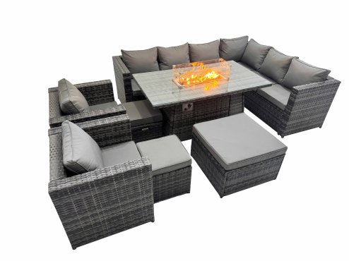 Fimous Garden Rattan Furniture Set 11 Seater Outdoor Corner Sofa 2 Chair Gas Firepit Dining Table Set with 3 Stools Dark Grey