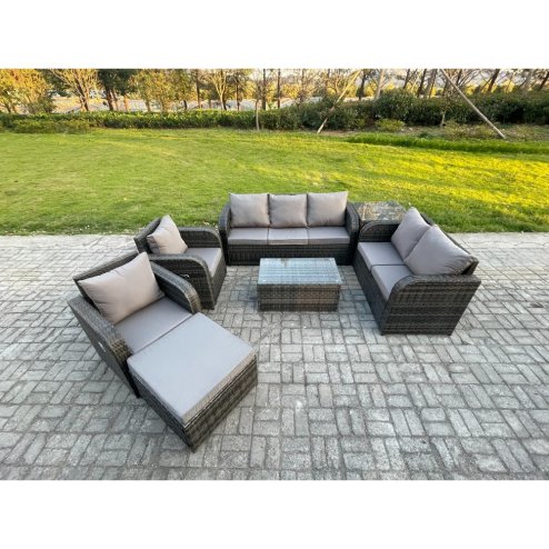 Fimous 8 Seater Rattan Wicker Garden Furniture Patio Conservatory Sofa Set with Rectangular Coffee Table 3 Seater Sofa Love Sofa Big Footstool Side Table