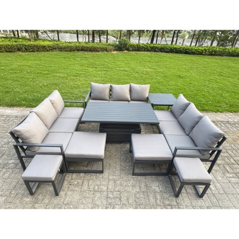 Fimous Aluminum Outdoor Patio Furniture Set Modern Patio Conversation Sets with Adjustable Rising Lifting Dining Table 4 Footstools Dark Grey