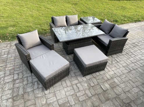 Fimous 7 Seater Outdoor Rattan Patio Furniture Set Garden Height Adjustable Rising Lifting Table Sofa Dining Sofa Set with Side Table 2 Big Footstool Dark Grey Mixed
