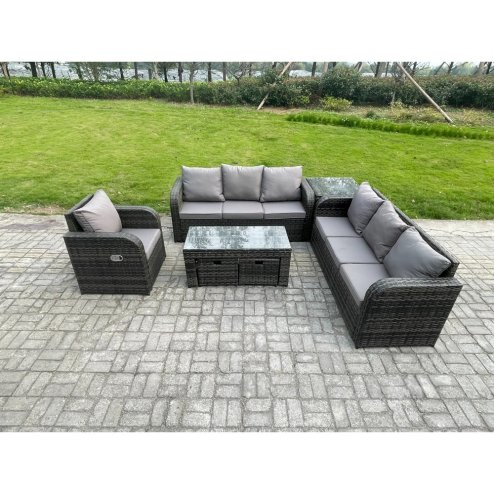 Fimous 9 Seater Outdoor Lounge Sofa Set Rattan Garden Furniture Set with Rectangular Coffee Table 2 Small Footstools 3 Seater Sofa Side Table Dark Grey Mixed