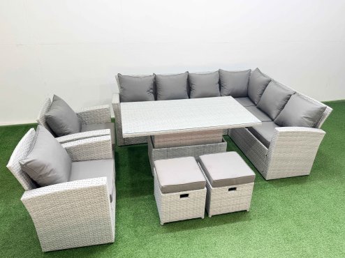 Fimous 10 Seat Rattan Garden Furniture Corner Sofa Set Outdoor Adjustable Lifting Dining or Coffee Table Set with 2 Small Footstools Light Grey