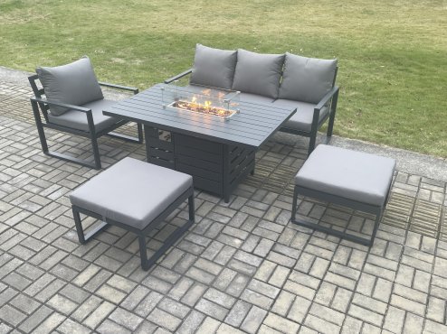 Fimous Aluminium 5 Pieces Garden Furniture Sofa Set with Cushions Gas Fire Pit Dining Table Set with 2 Big Footstools Dark Grey