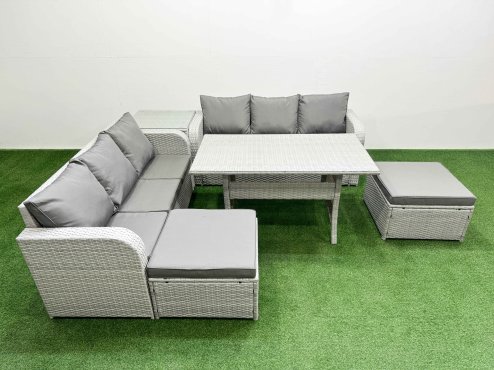 Fimous Outdoor Garden Furniture Sets 8 Seater Wicker Rattan Furniture Sofa Sets with Rectangular Dining Table high Back Lounge Sofa 2 Big Footstool Side Table Light Grey