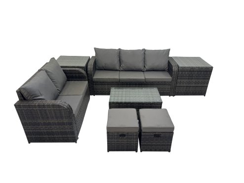 Fimous Outdoor Love Sofa 3 Seater Sofa Coffee Table Set Garden Rattan Furniture Set 7 Seater with 2 Small Stools 2 Side Tables Dark Grey