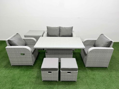 Fimous Light Grey PE Wicker Rattan Garden Furniture Set Sofa Set Reclining Chair Adjustable Lifting Dining or Coffee Table 6 Seater 2 Small Stools Side Table Image