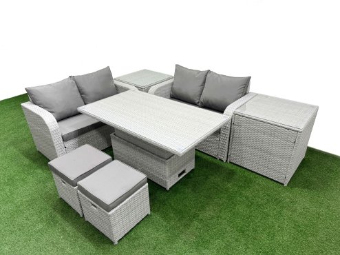 Fimous 6 Seater Outdoor Love Sofa Set Rattan Garden Furniture Set with Adjustable Lifting Dining or Coffee Table 2 Small Stools 2 Side Tables Light Grey Image