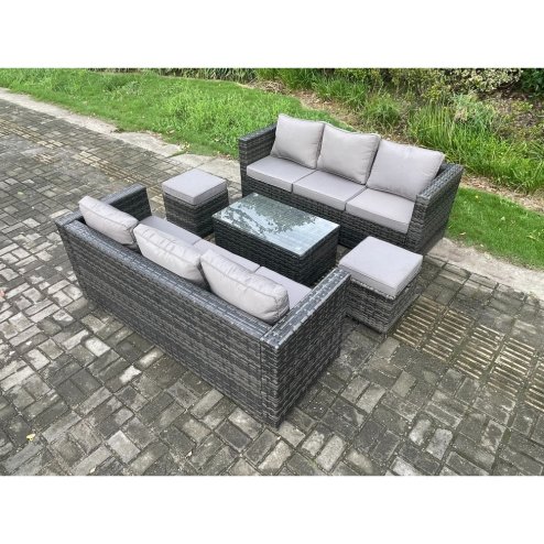 Fimous 8 Seater Rattan Garden Furniture Set Outdoor Patio Sofa Set with Oblong Coffee Table 2 Small Footstools Dark Grey Mixed