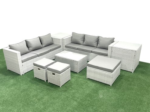 Fimous Garden Outdoor PE Rattan Furniture Set 9 Seater Rattan Garden Sofa Set with 3 Footstools 2 Side Tables Light Grey Mixed