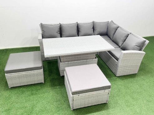 Fimous 8 Seat Rattan Garden Furniture Corner Sofa Set Outdoor Adjustable Lifting Dining or Coffee Table Set with Armchair 2 Big Footstools Light Grey