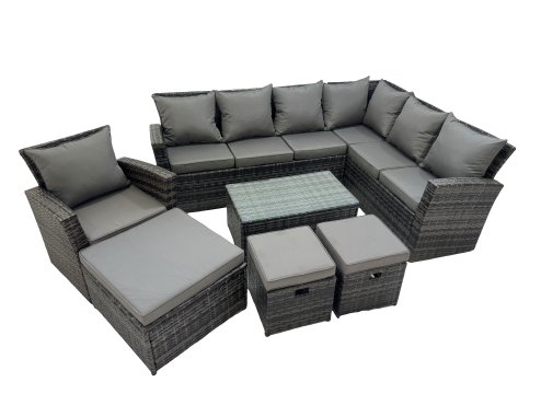 Fimous Rattan Garden Outdoor Furniture Set 10 Seater Garden Sofa Coffee Table Sets with Chair 3 Footstools Dark Grey Mixed