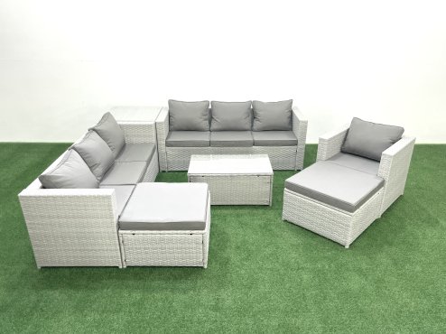 Fimous Wicker PE Rattan Sofa Garden Furniture Set with Armchair Oblong Coffee Table 2 Big Footstools Side Table Light Grey Mixed