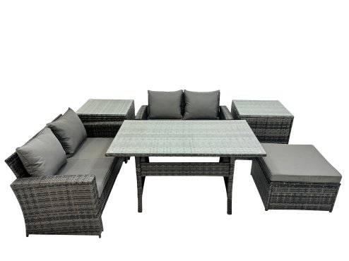 Fimous 5 Seater Wicker PE Rattan Furniture Outdoor Dining Table Double Seat Sofa 2 Side Table Big Stool Set Dark Grey Mixed