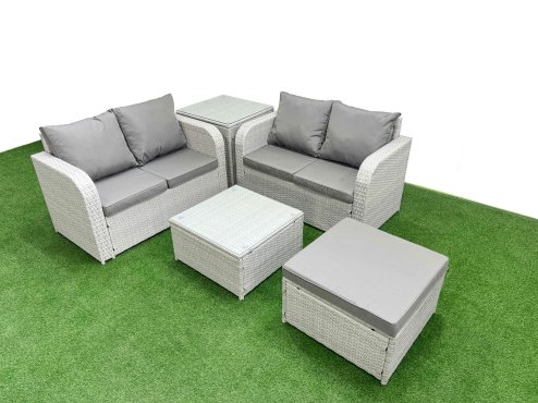 Fimous 5 Seater Outdoor Love Sofa Set Rattan Garden Furniture Set with Square Coffee Table Big Footstool Side Table Light Grey Image