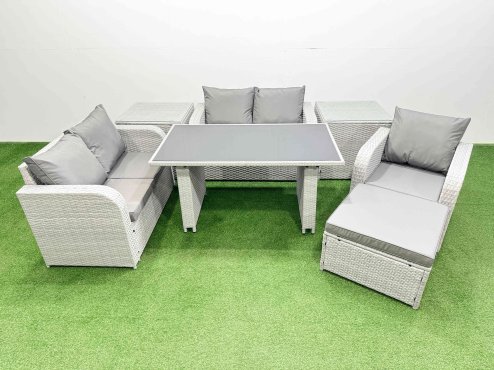 Fimous Rattan Sofa Outdoor Furniture with Dining Table,2 Side Tables,Love Sofa,Big Stool Patio Furniture Light Grey 6 Seater