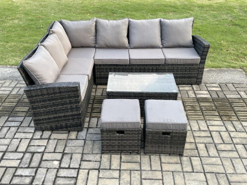 Fimous 8 Seater Outdoor Furniture Garden Dining Set Rattan Corner Sofa Set with Rectangular Coffee Table 2 Small Footstools Dark Grey Mixed