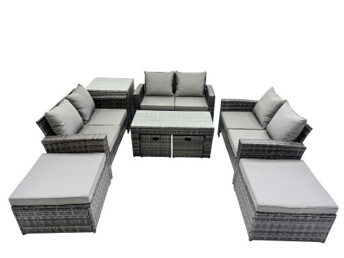 Fimous Outdoor Love Sofa Set 10 Seat Rattan Garden Furniture Set with Oblong Coffee Table 4 Stools Side Table Dark Grey Mixed