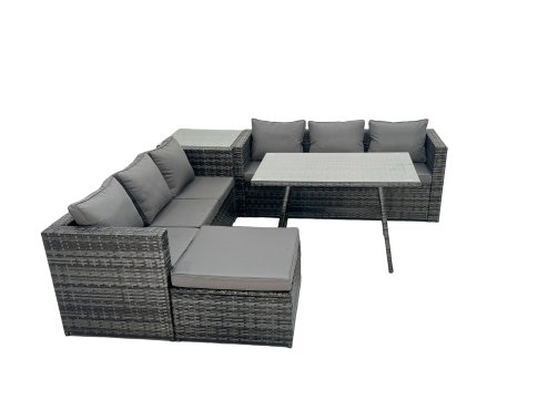 Fimous Rattan Dining Table Sofa Set with Side Table 2 Big Footstools Outdoor Garden Furniture Set Dark Grey Mixed