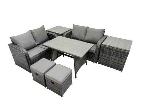 Fimous 6 Seater Garden Outdoor Rattan Furniture Set Rattan Sofa Oblong Dining Table with 2 Small Footstools 2 Side Table Dark Grey