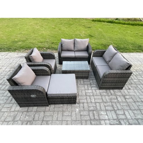 Fimous Rattan Garden Furniture Set Patio Outdoor Lounge Sofa Set with 2 Reclining Chairs Rectangular Coffee Table Big Footstool Dark Grey Mixed
