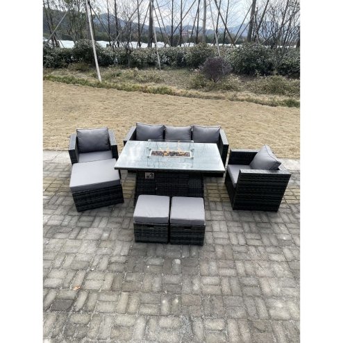 Fimous Outdoor PE Rattan Garden Furniture Gas Fire Pit Dining Table Armchairs With 3 Stools Dark Grey Mixed