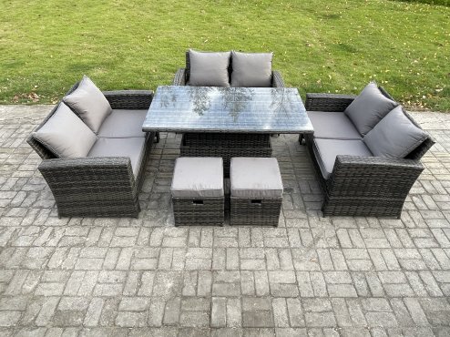 Fimous Wicker PE Rattan Garden Furniture Set Height Adjustable Rising Lifting Table Sofa Dining Set with Double Seat Sofa 2 Small Footstools Dark Grey Mixed