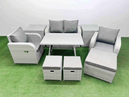 Fimous Light Grey PE Wicker Rattan Garden Furniture Set Sofa Set Reclining Chair Love Sofa Rectangular Dining Table 3 Stools 2 Side Tables