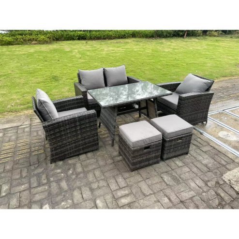 Fimous 6 Seater Outdoor Dark Grey Mixed High Back Rattan Sofa Dining Table Set Garden Furniture 2 Stools