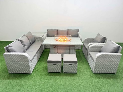 Fimous PE Rattan High Back Lounge Sofa Set Patio Firepit Dining Table & Chairs Set with 3 Seater Sofa Reclining Chair Stools Side Table Light Grey