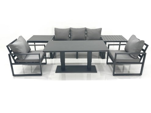 Fimous Outdoor Aluminium Garden Furniture Set with Adjustable Rising Lifting Dining Table 3 Seater Sofa 2 Chair 2 Side Tables Dark Grey