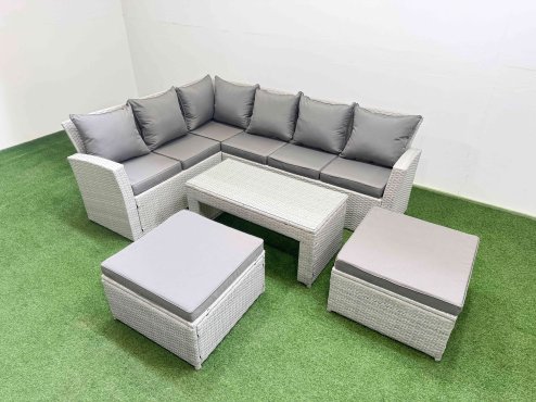 Fimous Rattan Garden Furniture Set Outdoor 8 Seater Corner Sofa Sets with Oblong Coffee Table 2 Big Footstools Light Grey Mixed