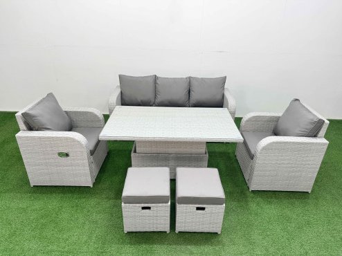 Fimous PE Rattan Garden Furniture Set Reclining Chair Sofa Lounge Sofa Set Adjustable Lifting Dining or Coffee Table 2 Small Stools Light Grey Image