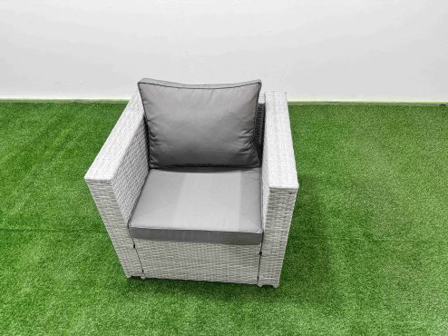 Fimous 7 PCs Rising Dining Table Set Rattan Furniture Set with 3 Seater Sofa Chair 2 Side Tables Big Footstool Light Grey