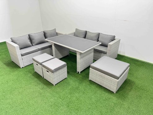 Fimous Rattan Garden Furniture Dining Set 9-seater Patio Rectangular Table Sofa Set with 3 Stools Light Grey