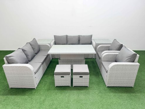 Fimous PE Rattan High Back Lounge Sofa Set Patio Adjustable Lifting Dining or Coffee Table & Chairs Set with 3 Seater Sofa Reclining Chair Stools 2 Side Table Light Grey