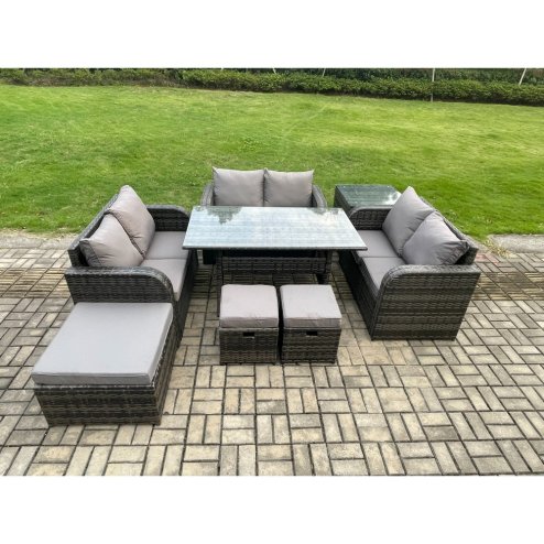 Fimous 9 Seater Outdoor Rattan Garden Furniture Set with Patio Rectangular Dining Table Love Sofa Side Table 3 Footstools Dark Grey Mixed