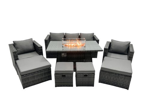 Fimous Rattan Garden Furniture Firepit Dining Set 9 Seater Lounge Sofa Table Set with 2 big Footstool