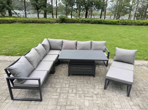 Fimous 9 Pieces Aluminium Garden Furniture Set with Cushions, Patio Furniture Set with Adjustable Rising Lifting Dining Table 2 Small Footstools Dark Grey