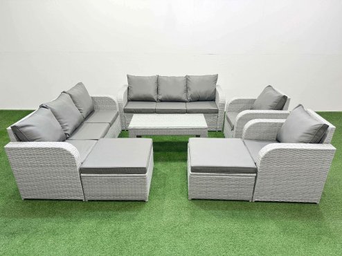Fimous PE Rattan High Back Lounge Sofa Set Patio Oblong Coffee Table & Chairs Set with 3 Seater Sofa Reclining Chair 2 Big Footstool Light Grey