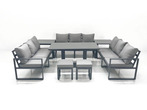 Fimous 11 Seater Garden Sofa Set Aluminium Furniture Rising Dining Tabe Set with 2 Side Tables 2 Small Footstools Dark Grey