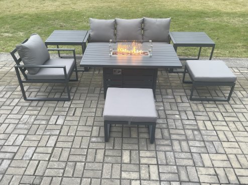 Fimous Aluminium 7 Pieces Garden Furniture Sofa Set with Cushions Gas Fire Pit Dining Table Set with 2 Big Footstools 2 Side Tables Dark Grey