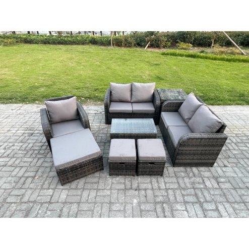 Fimous High Back Rattan Garden Furniture Set with Loveseat Sofa Rectangular Coffee Table 3 Footstools Side Table Indoor Outdoor Patio Lounge Sofa Set Dark Grey Mixed